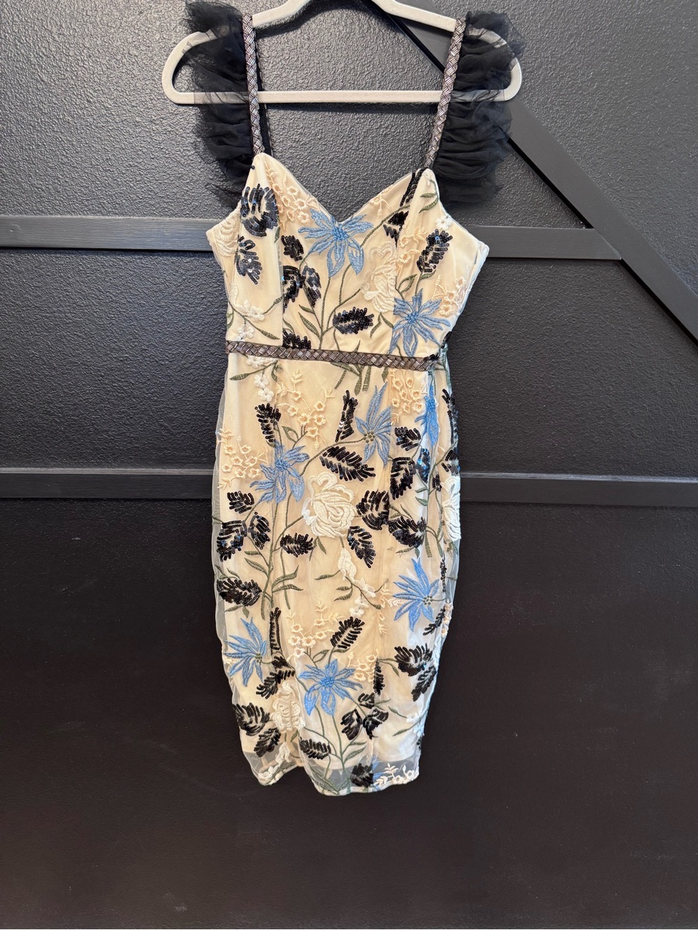Lulu's Beige Midi Dress with Blue and Black Floral Embroidery